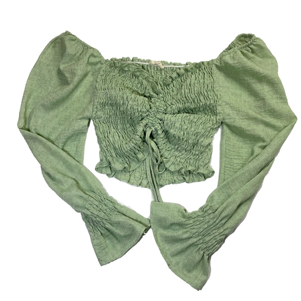 Green Puffy Sleeve Crop Top - Picture 1 of 5